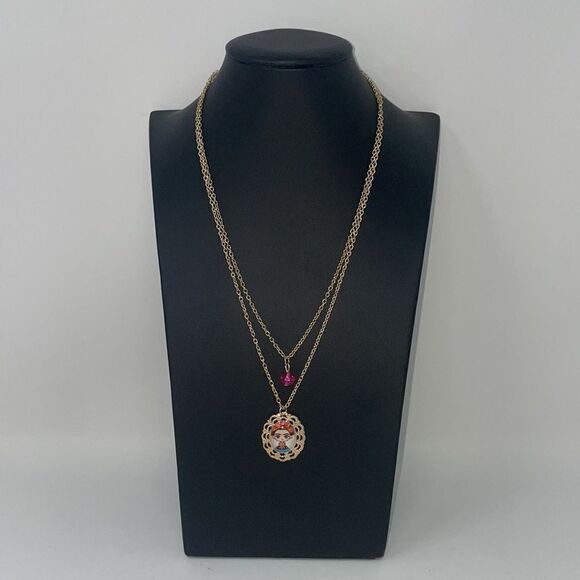Frida Kahlo Portrait Gold Layered Pink Crystal Necklace - Picture 4 of 6